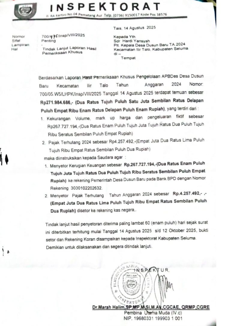 Dibongkar Mantan Sekdes, Inspektorat Seluma Temukan Kerugian Negara Desa Dusun Baru Sebesar Ini