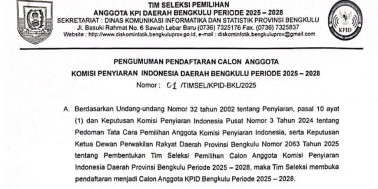 Pendaftaran KPID Bengkulu dibuka