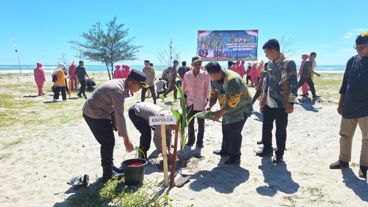 Kapolda Bengkulu Tanam Ratusan Pohon Kelapa dan Lepas Tukik di Pantai Air Patah