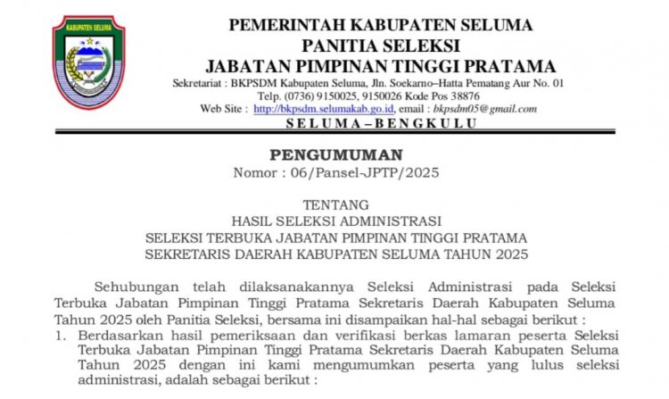 2 Peserta Seleksi Calon Sekda Seluma Gugur Tahap Administrasi