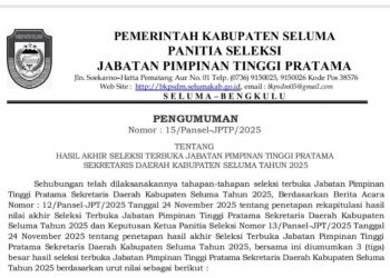 3 Nama Hasil Seleksi Calon Sekda Kabupaten Seluma dari BKPSDM