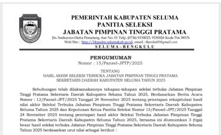3 Nama Hasil Seleksi Calon Sekda Kabupaten Seluma dari BKPSDM