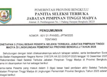 3 Nama Calon Sekda Provinsi Bengkulu dari Panitia Seleksi