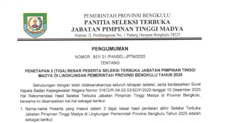 3 Nama Calon Sekda Provinsi Bengkulu dari Panitia Seleksi
