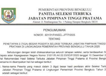 Daftar Lengkap 3 Besar Calon 18 Kepala OPD Pemprov Bengkulu