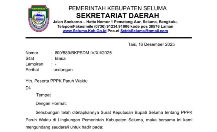 Jadwal Pelantikan dan Penyerahan SK PPPK Paruh Waktu di Kabupaten Seluma