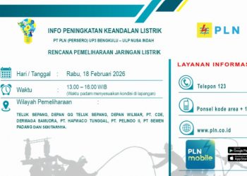 Jadwal dan Lokasi Pemadaman Listrik dari PLN Hari Rabu 18 Februari 2026 di Kota Bengkulu