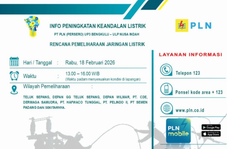 Jadwal dan Lokasi Pemadaman Listrik dari PLN Hari Rabu 18 Februari 2026 di Kota Bengkulu