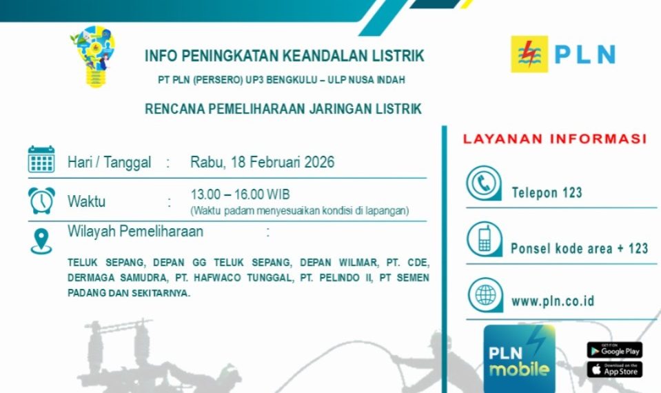 Jadwal dan Lokasi Pemadaman Listrik dari PLN Hari Rabu 18 Februari 2026 di Kota Bengkulu