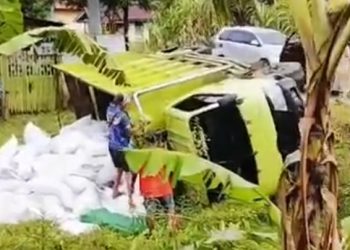 Truk Muatan Kedelai Terguling, Pecah Ban Akibat Jalan Berlubang